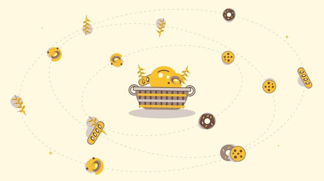 Animated vector video featuring various cute and delicious foods in a spinning style.