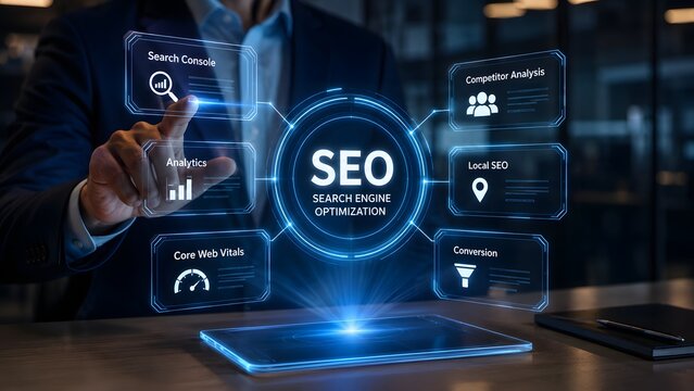 Businessman interacting with a digital interface showing seo search engine optimization strategy and data analytics icons