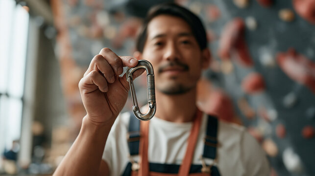 Climbing instructor in a minimalist indoor gym holding a single carabiner up to the light, the metal gate and rope grooves in precise focus, chalk residue and wear marks telling a
