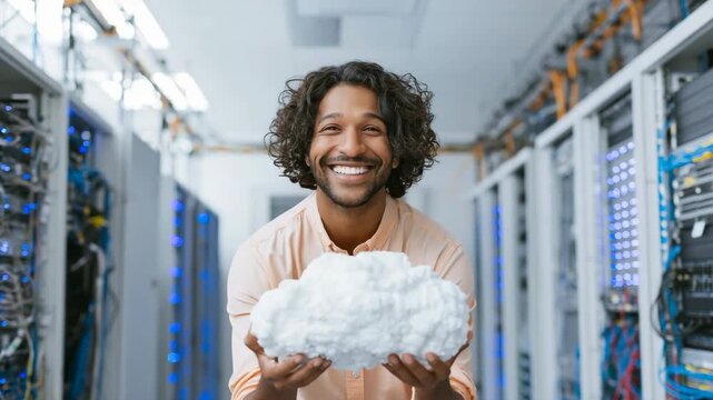 Technician holding a cloud model inside a data center illustrating cloud computing and virtual infrastructure for tech poster and website background