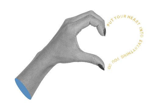 Hand forming heart gesture. Motivational self care message. Surreal collage poster design. Emotional wellness concept.