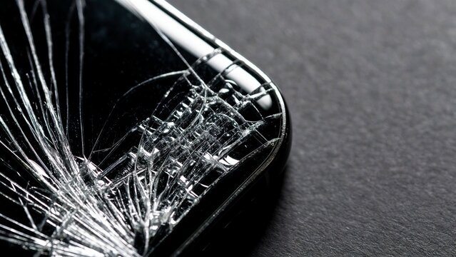Close up of a broken smartphone screen with cracked glass