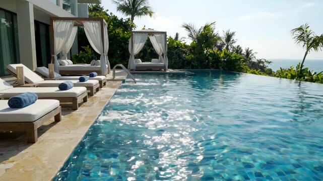 Luxury Infinity Pool at a Tropical Resort in Bali with Ocean View and Sun Loungers