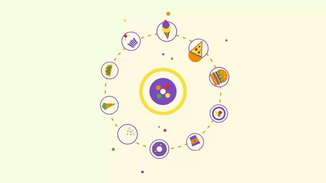 Animated vector video of various cute foods spinning.