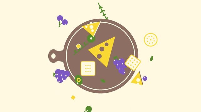 Animated vector video featuring various types of cute and delicious food in a spinning style.