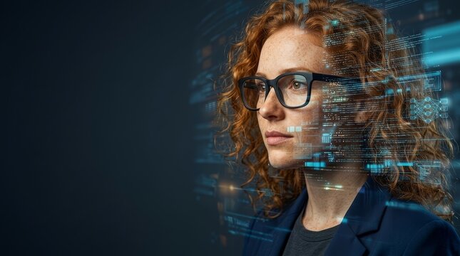A confident woman with glasses and curly hair in a digital tech setting, featuring interface projections.