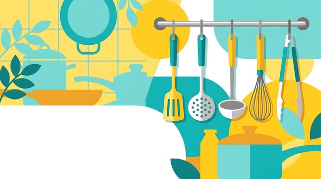 Abstract kitchen tools and cookware in flat vector style