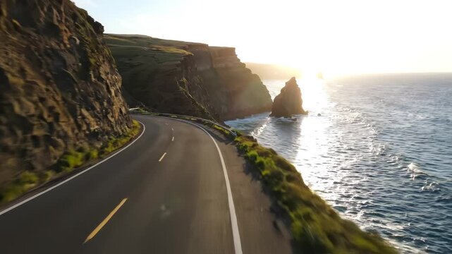 Aerial drone flight along a winding coastal road at sunset with sea stacks and cliffs overlooking the Atlantic Ocean