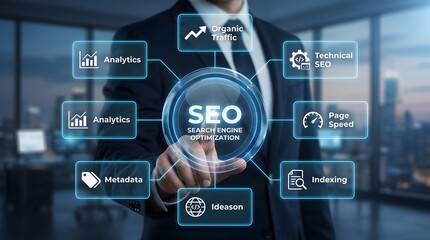 Fototapeta premium Businessman interacting with a digital interface showing seo search engine optimization strategies and data analytics growth charts