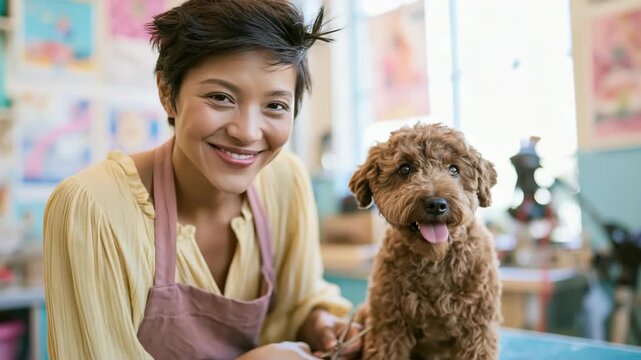 Smiling pet groomer trimming a small brown poodle dog in a bright salon for grooming banner and pet care background