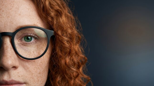 Detailed close-up of a woman with curly red hair wearing glasses, highlighting the eye.