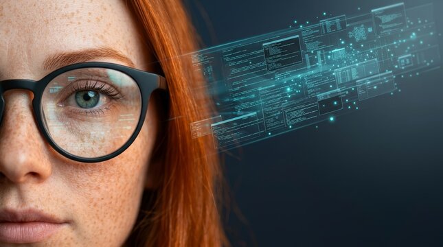 Focused female face with glasses reflecting digital code, suggesting technology and innovation.