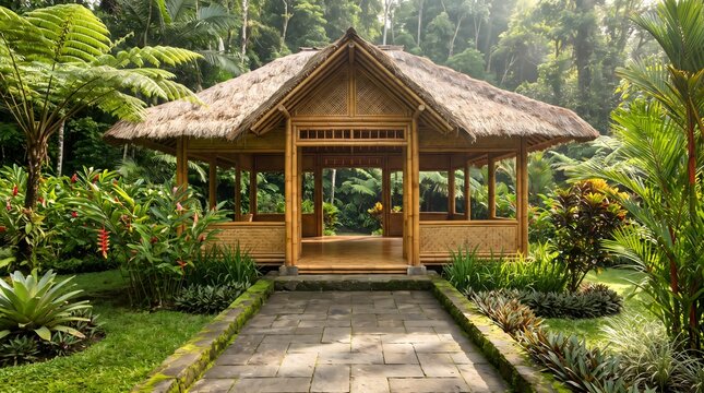 Traditional Bamboo Pavilion Gazebo with Thatched Roof and Stone Path in Tropical Rainforest Garden
