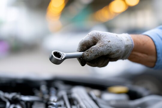 Mechanic hand in dirty glove holding a socket wrench over a car engine - automotive repair service