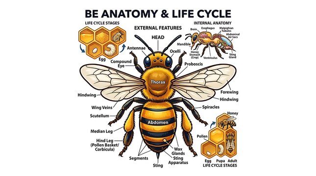 Honey bee anatomy and life cycle educational diagram