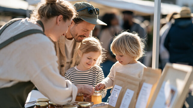 Fermentation craft market vendor at a vibrant outdoor stall explaining kombucha varieties to an intergenerational family during an interfaith spring gathering, grandmother, adult