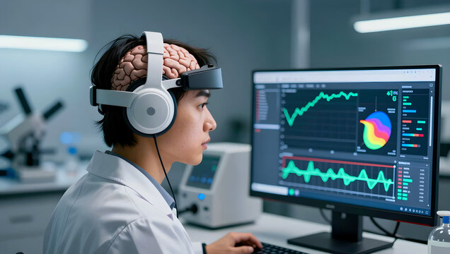 Asian scientist wearing headphones with an exposed brain model and brain-computer interface device while analyzing neural data on a computer monitor