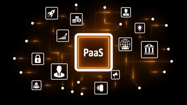Paa S Platform as a Service cloud computing concept with interconnected icons and glowing network lines on black background