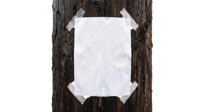 Blank white paper notice taped to a weathered wooden utility pole