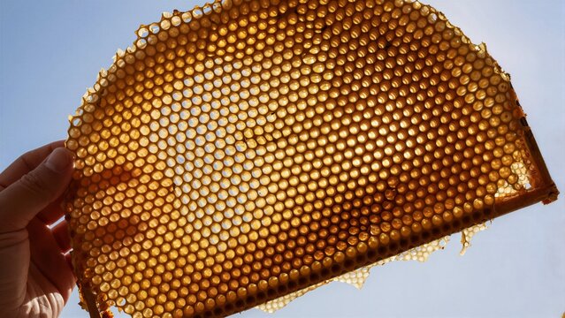 Golden honeycomb held against the bright sun