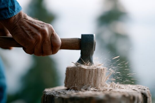 Strong worker hand swinging sharp metal axe to split wood on rustic tree stump for survival fuel