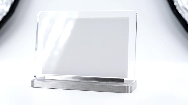 Empty Clear Acrylic Frame with Metal Base on White Background, Studio Shot