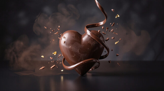 Luxury artisan chocolate heart surrounded by elegant chocolate swirl on a dark premium background