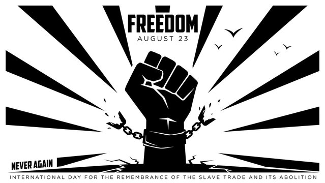 Black fist breaking chains with freedom rays