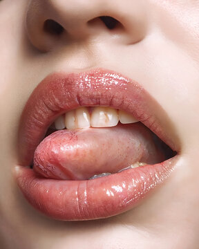 primo piano della bocca di una donna che si passa la lingua sulle labbra e i denti bianchi, close-up of a woman's mouth as she runs her tongue over her lips and white teeth