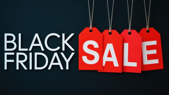 Black Friday Bright red sale tags hanging against a dark background with bold black friday text for retail shopping event promotions