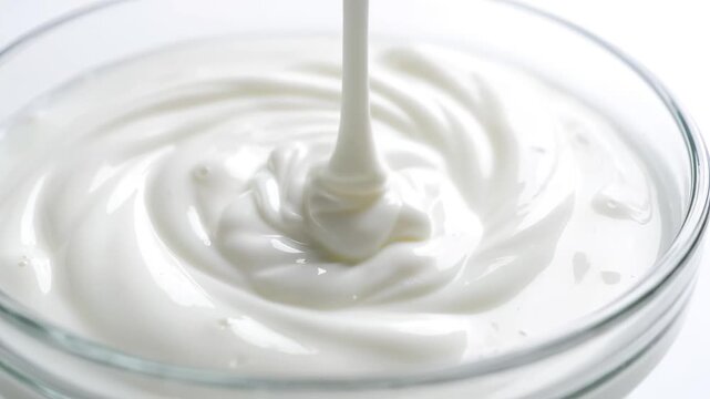 Creamy yogurt being poured into a glass bowl, creating elegant swirls on white background, close-up macro shot