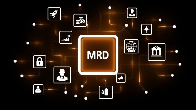Central MRD icon with surrounding business and technology icons connected by lines central icon network