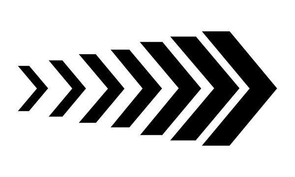Set of black chevrons pointing to the right showing a progression of increasing size for business growth or directional indicators on a simple white background used for modern graphic design.