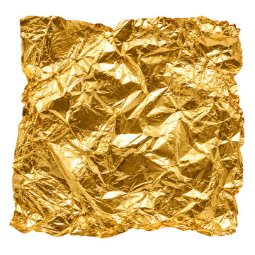 A square piece of crumpled gold foil texture isolated against a deep black background in a striking silhouette