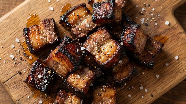 Grilled beef brisket cubes seasoned with salt and spices on a rustic wooden cutting board. grill pork tips