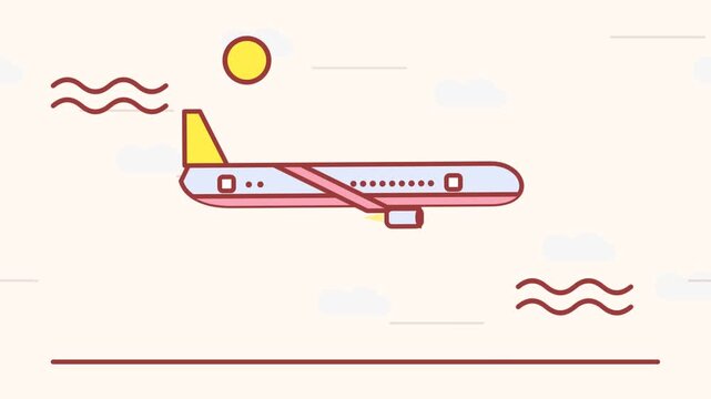 Animated airplane flying in the sky with sun and clouds in flat cartoon style
