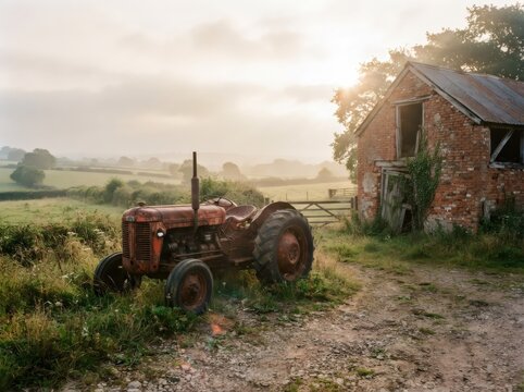 Old rusty tractor parked on a farm field near a brick barn. Rural countryside landscape with morning fog and sunrise. Agricultural heritage, rustic charm and farming history concept.