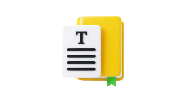 Three dimensional icon representing book or document with highlighted text symbol and green bookmark tab isolated on transparent background.