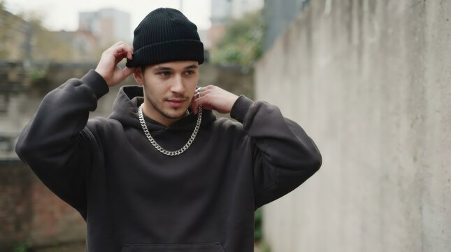 Young man in black hoodie and beanie posing outdoors. Trendy guy wearing streetwear and silver chain necklace. Urban fashion style portrait for lifestyle blog or clothing advertisement.
