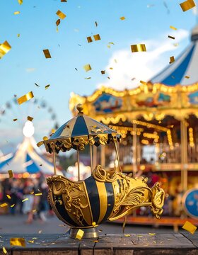 Decorative miniature vintage carousel ornament with falling golden confetti.