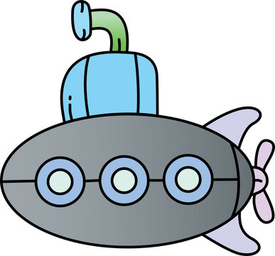 Underwater ship, bathyscaphe floating under sea water. Vector illustration, Cute vector illustration of  submarine underwater with periscope, bubbles, fish, seaweed, and coral.