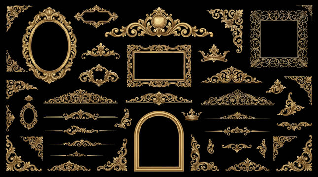 Luxury gold vintage ornamental frames and decorative dividers set, elegant baroque borders, corner flourishes and filigree elements isolated on black background, perfect for invitations, branding, cer