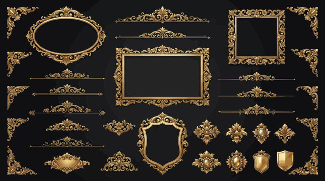 Luxury gold vintage ornamental frames and decorative dividers set, elegant baroque borders, corner flourishes and filigree elements isolated on black background, perfect for invitations, branding, cer