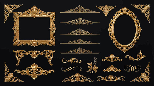 Luxury gold vintage ornamental frames and decorative dividers set, elegant baroque borders, corner flourishes and filigree elements isolated on black background, perfect for invitations, branding, cer