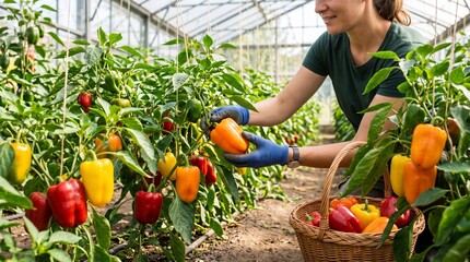 Fototapeta premium Organic Gardening and Sustainable Farming Collection Featuring Farmer Hands Planting, Growing and Harvesting Fresh Vegetables in Home Gardens and Agricultural Fields