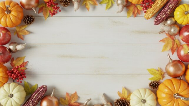 Thanksgiving Thanksgiving harvest frame with assorted pumpkins apples and autumn leaves on rustic white wooden background with copy space USA