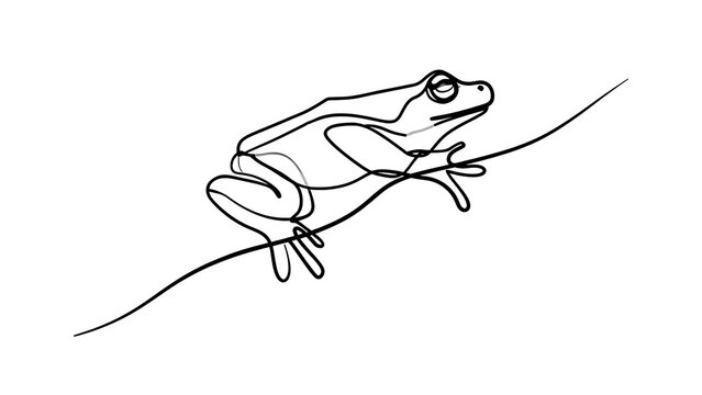 white background line art frog on branch illustration.