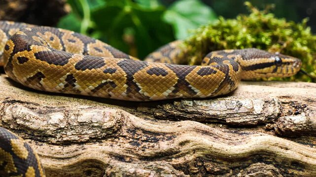 Close-up of a reticulated python resting on a weathered log in lush green jungle environment, flicking its tongue