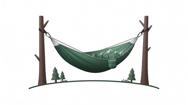 Camping hammock between two trees with a mini mountain landscape inside, outdoor adventure illustration