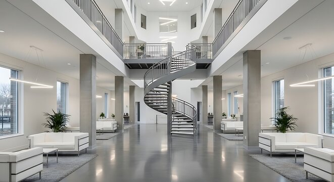 Modern Office Building Lobby with Spiral Staircase.